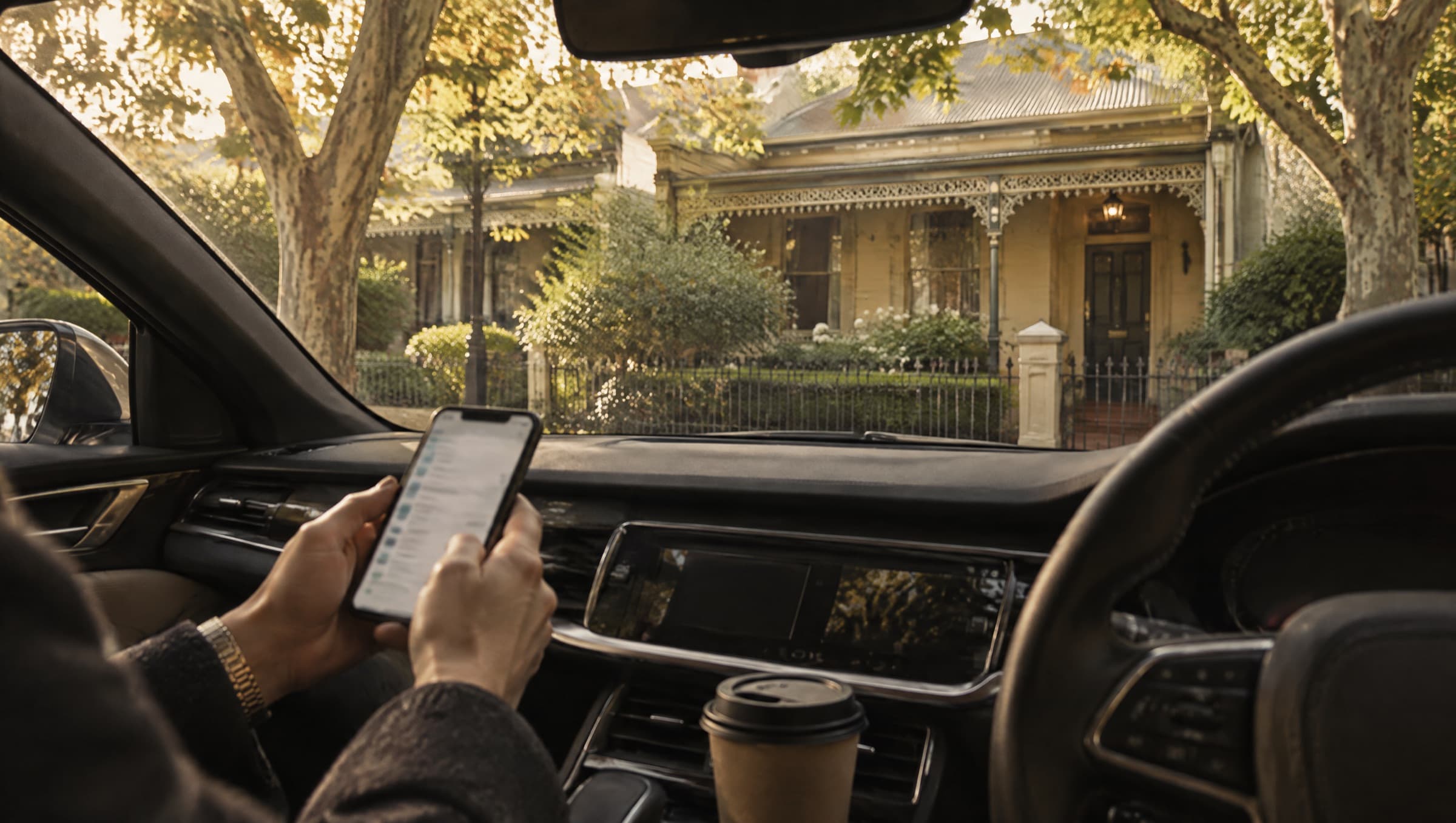 Parked on a leafy Melbourne street before an appraisal: an agent checks their phone, coffee in the console, a Victorian terrace through the windscreen