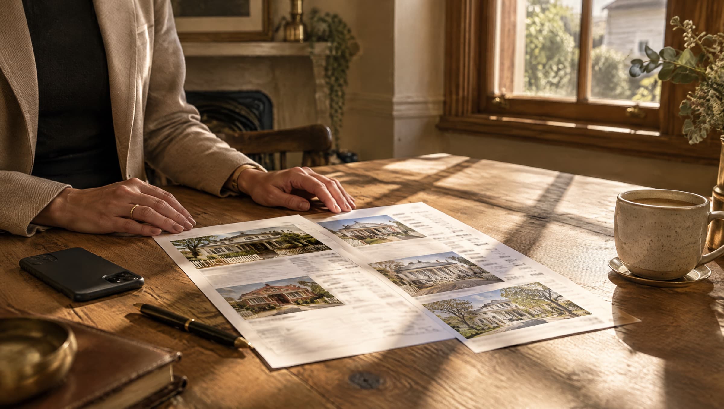 Comparable sales laid out on a timber kitchen table in a Melbourne period home, morning light through a sash window